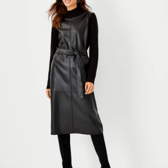 Ann Taylor Black Imitation Leather & Sweater Dress Large NEW NWT Orig $169 - Picture 1 of 5